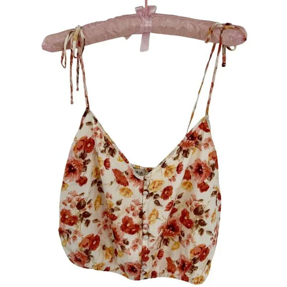 Abercrombie Flirty Romantic Floral Button Front Tie-Strap Feminine Crop Top Cami - Picture 8 of 13